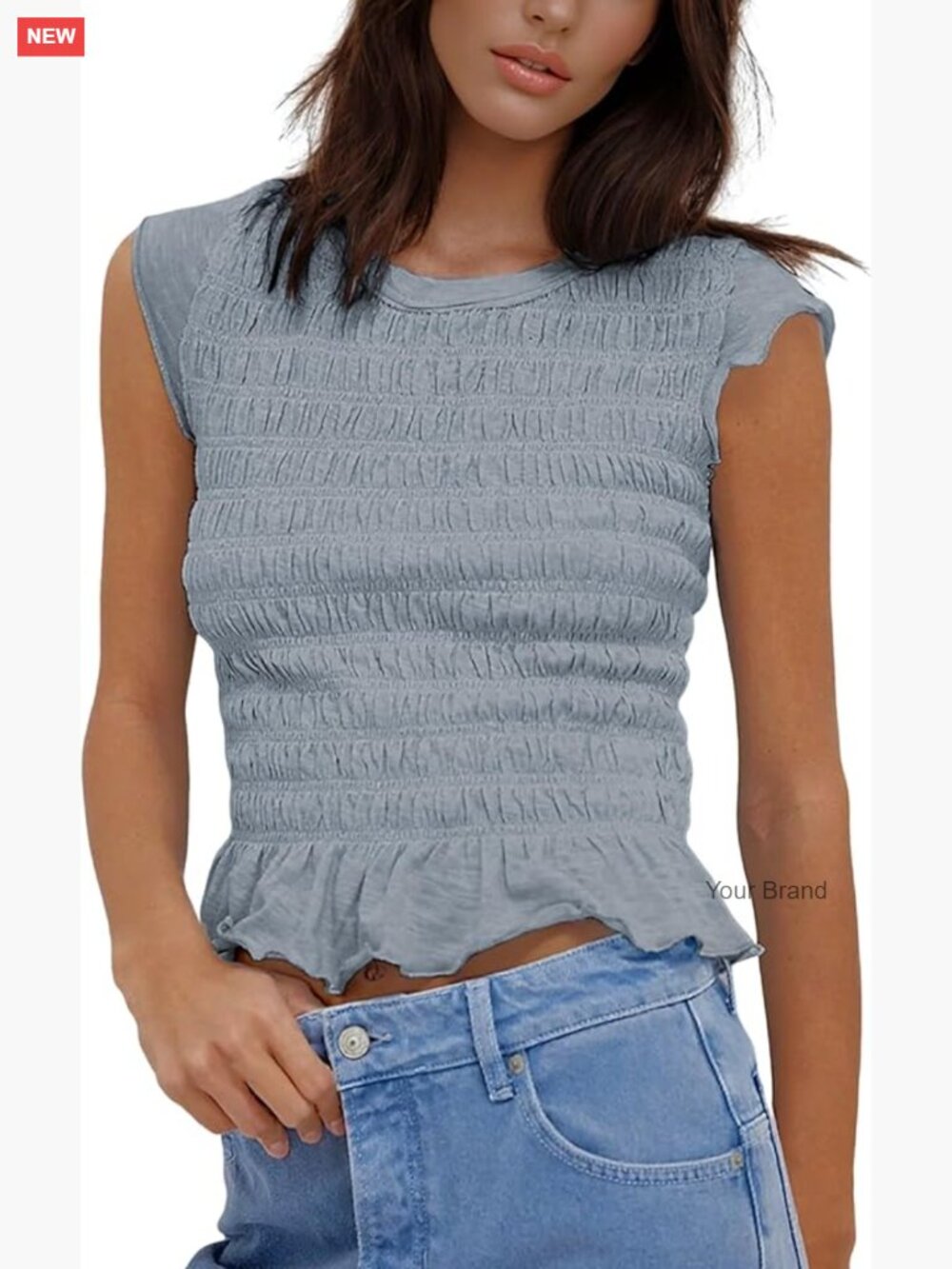 Smocked Crop Top with Flounce Hem Cap Sleeve Crew Neck Summer Tee
